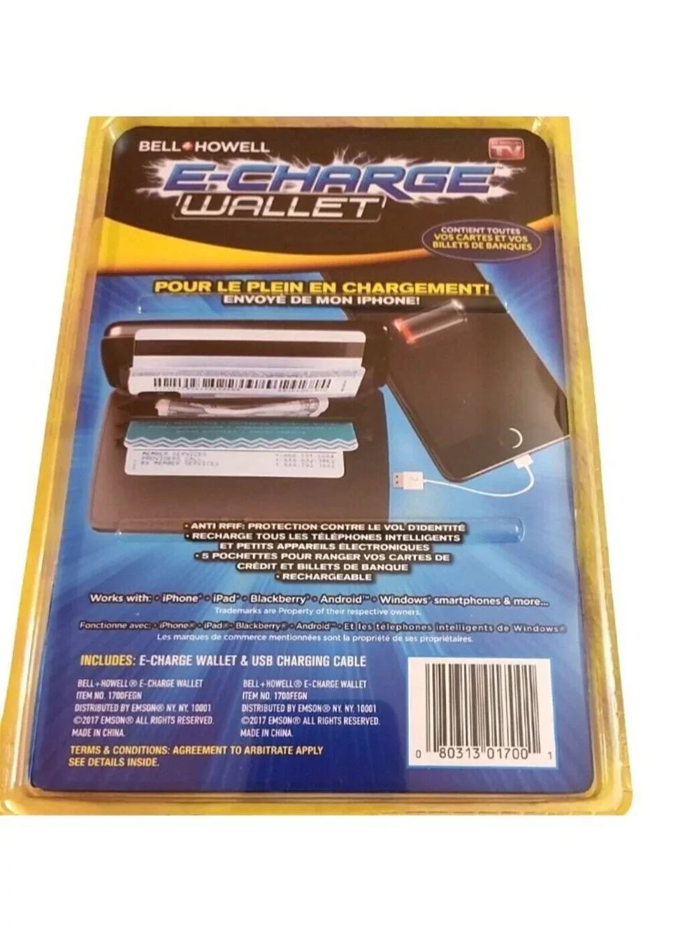 Bell Howell E-Charge Rfid Portable Wallet Phone Charger W/ Anti-Theft Protection